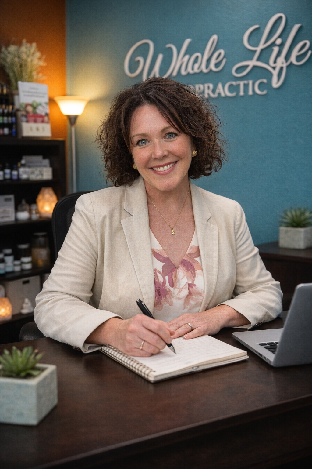 Dr. Raquel Yarroch at the front desk of Whole Life Chiropractic in Mauston, Wisconsin